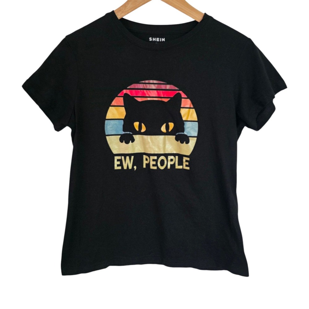Shein Black Cat EW PEOPLE Graphic Short Sleeve Tee M
